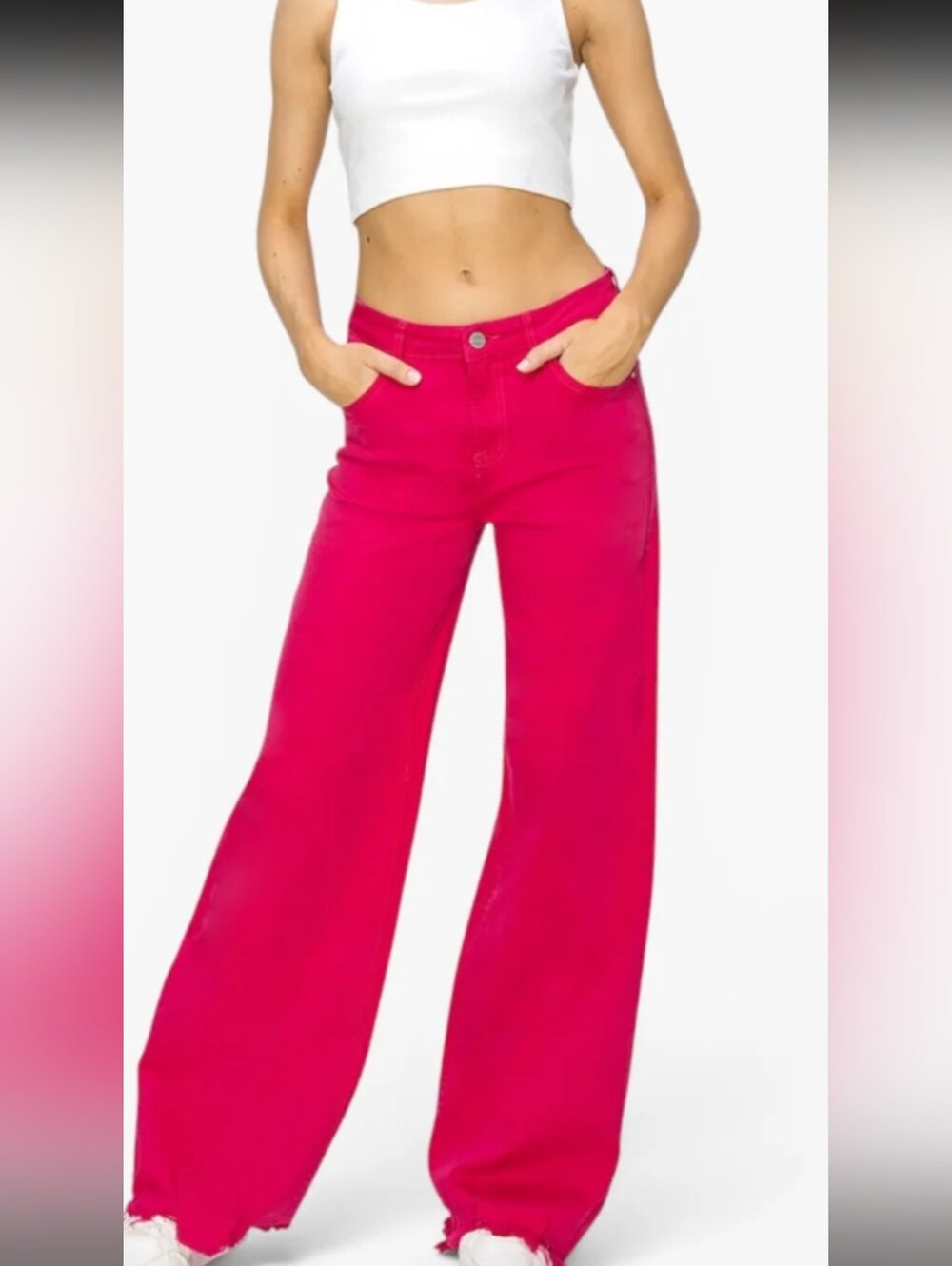 Risen Fuchsia Pink High Rise Wide Leg Jeans Raw Hem Size 27/5